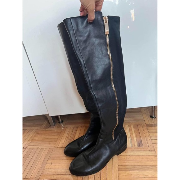 ALDO WOMEN'S BLACK LEATHER & STRETCH FABRIC KNEE HIGH BOOTS SIZE 8.5 - Picture 1 of 7